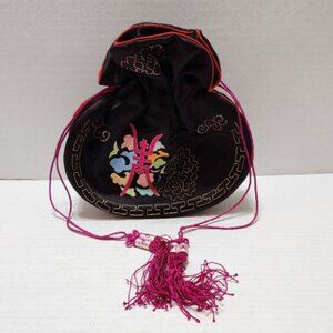 Small Black Drawstring Bag Purse with Asian Design
